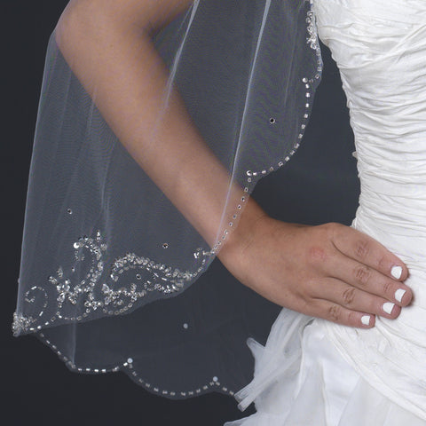 Single Layer Fingertip Length Scalloped Cut Edge Bridal Wedding Veil with Floral Beaded Embroidery & Sequins V 1133 1F