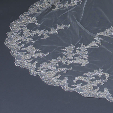 Single Layer Cathedral Length Scalloped Edge Bridal Wedding Veil with Floral Lace Embroidery 1139