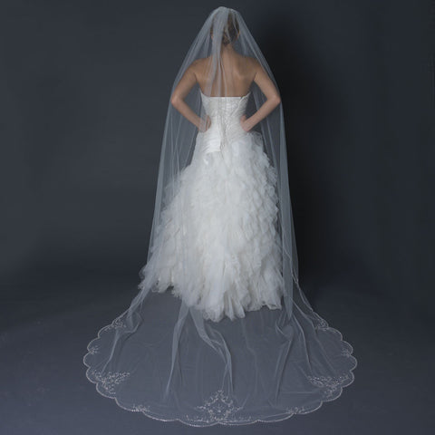 Single Layer Cathedral Length Scalloped Edge Bridal Wedding Veil with Swirly Lace Embroidery & Rhinestones V 1144 1C