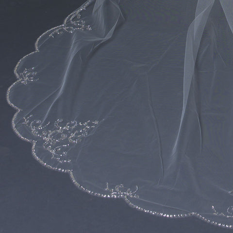 Single Layer Cathedral Length Scalloped Edge Bridal Wedding Veil with Swirly Lace Embroidery & Rhinestones V 1144 1C