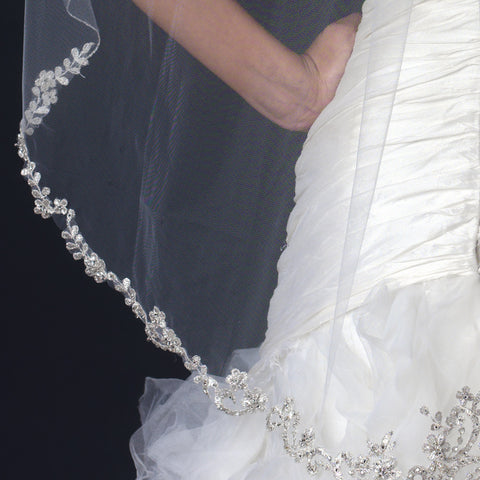 Single Layer Fingertip Length Floral Lace Embroidery Edge Bridal Wedding Veil with Beads 1145
