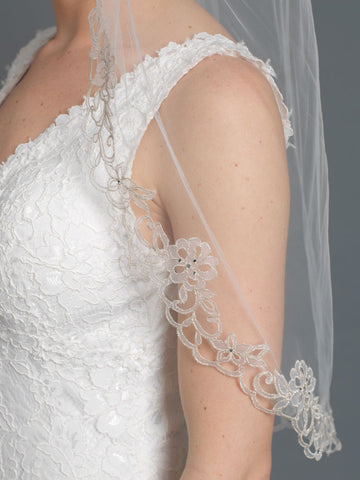 Single Layer Bridal Wedding Fingertip Veil w/ Light Silver Shimmer Floral Embroidery Along Edge w/ Rhinestone Accent V 1170 1F Ivory