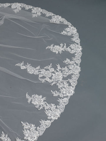 Single Layer Cathedral Length Accented with Embroidery Lace Bridal Wedding Veil 1184 1C