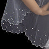 Double Tier Fingertip Length Rhinestone Pearl Bridal Wedding Veil with Scalloped Pencil Edge