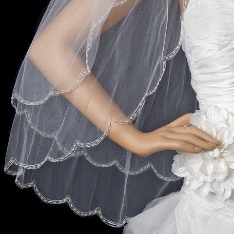 Double Layer Elbow Length Scalloped Edge with Bugle Beads Bridal Wedding Veil 1504 E