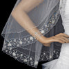 Bridal Wedding Double Layer Fingertip Length Bridal Wedding Veil 1514 F w/ Silver Floral Embroidered Scalloped Pencil Edge