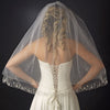 Bridal Wedding Double Layer Fingertip Length Bridal Wedding Veil 1514 F w/ Silver Floral Embroidered Scalloped Pencil Edge