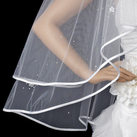 Bridal Wedding Double Layer Fingertip Bridal Wedding Veil 1721 w/Satin Ribbon Edge w/Scattered Flowers & Pearls