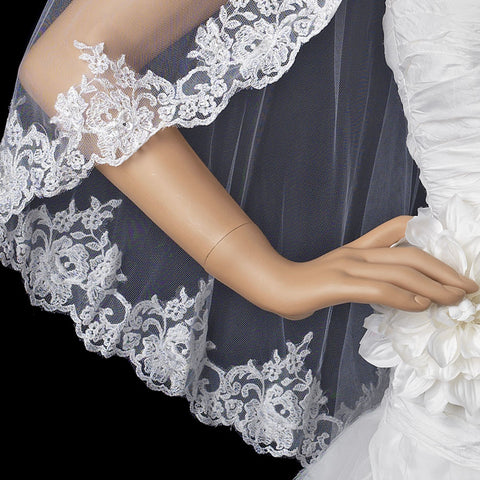 Single Layer Fingertip Length Bridal Wedding Veil with Floral Lace Embroidery Edge of Sequins & Beads 1794