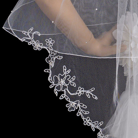 Two Tier Fingertip Length Bridal Wedding Veil with Flower Pattern Pencil Edge of Rhinestones & Pearls 2008