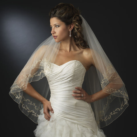 Double Layer Fingertip Length Bridal Wedding Veil with Floral Embroidery & Pencil Style Edge 2094