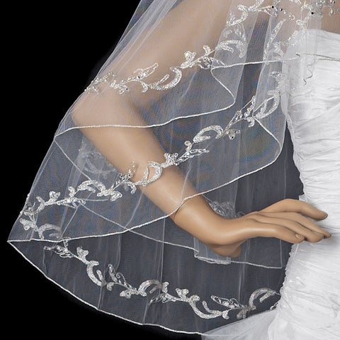 Double Layer Fingertip Length Bridal Wedding Veil with Floral Embroidery & Pencil Style Edge 2094