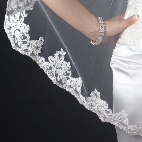 Single Layer Fingertip Length Scalloped Floral Embroidered Edge with Bugle Beads & Pearls Bridal Wedding Veil 2138 1F