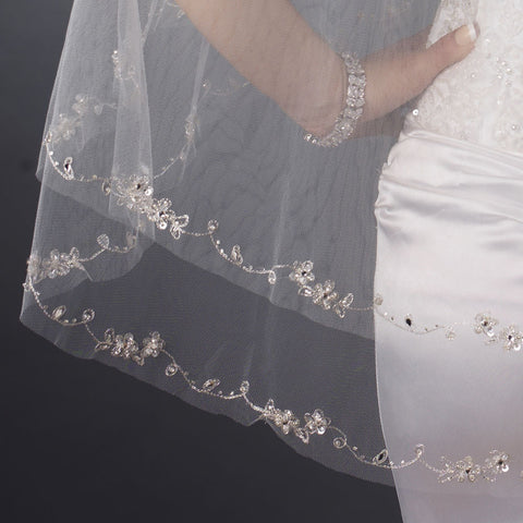 Double Layer Fingertip Length Cut Edge with Embroidered Flowers, Bugle Beads & Sequins Bridal Wedding Veil 2209 F