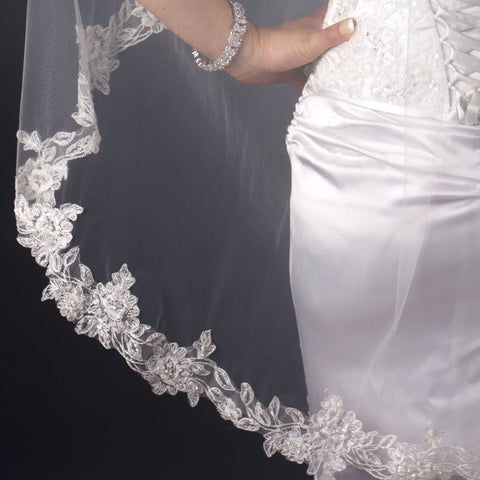 Single Layer Fingertip Length Floral Embroidered Edge with Pearls Bridal Wedding Veil 2237 1F