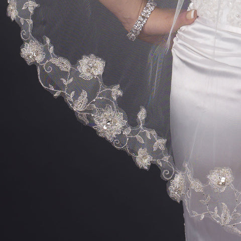 Single Layer Fingertip Length Silver Floral Embroidered Edge with Pearls & Bugle Beads Bridal Wedding Veil 2283 1F
