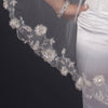 Single Layer Fingertip Length Silver Floral Embroidered Edge with Pearls & Bugle Beads Bridal Wedding Veil 2283 1F