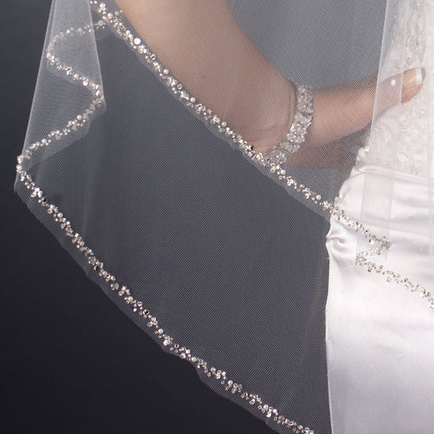 Double Layer Fingertip Length Cut Edge with Pearls, Bugle Beads & Sequins Bridal Wedding Veil 2496 F