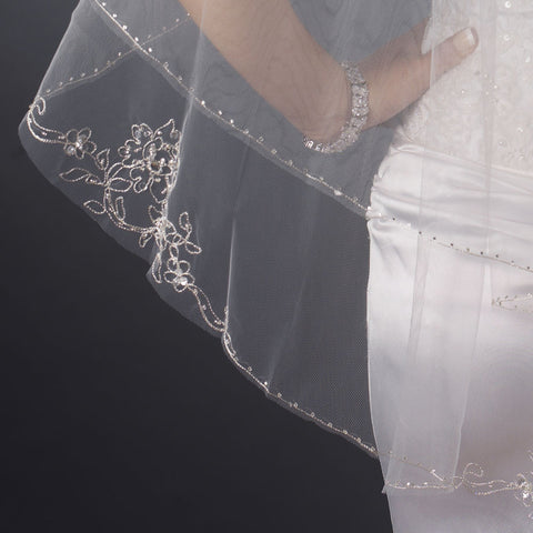 Double Layer Fingertip Length Cut Edge with Floral Embroidery, Bugle Beads & Sequins Bridal Wedding Veil 2541 F