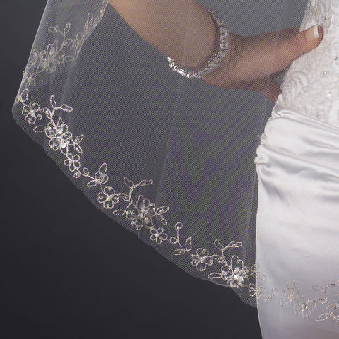 Single Layer Fingertip Length Cut Edge with Floral Embroidery, Pearls, Bugle Beads & Sequins Bridal Wedding Veil 2543 1F