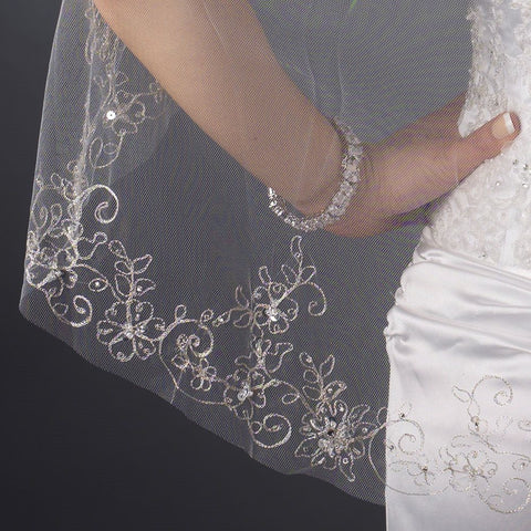 Single Layer Fingertip Length Cut Edge with Floral Embroidery, Pearls, Bugle Beads & Sequins Bridal Wedding Veil 2544 1F