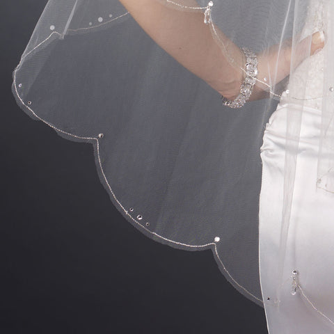 Double Layer Fingertip Length Scalloped Cut Edge with Silver Stitching & Rhinestones Bridal Wedding Veil 2554 F