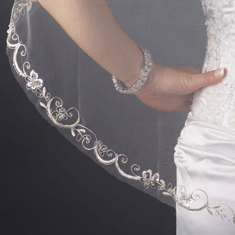 Single Layer Fingertip Length Cut Floral Swirl Embroidered Edge with Sequins Bridal Wedding Veil 2563 1F