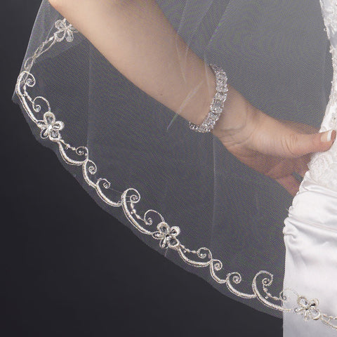 Single Layer Fingertip Length Cut Edge Bridal Wedding Veil with Swirly Embroidery, Pearls & Sequins