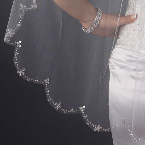 Single Layer Fingertip Length Scalloped Cut Beaded Edge Bridal Wedding Veil with Floral Beads & Sequins