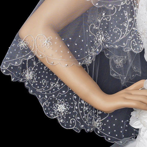 Double Layer Fingertip Length Scalloped Edge with Gold or Silver Stitching Floral Swirl Embroidery, Bugle Beads & Scattered Pearls Bridal Wedding Veil 2943 F