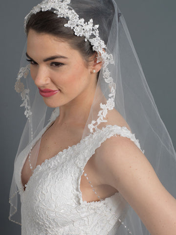 Single Layer Fingertip Bridal Wedding Veil w/ Floral Lace Accent w/ Beaded & Sequin Accent V 2968 1F