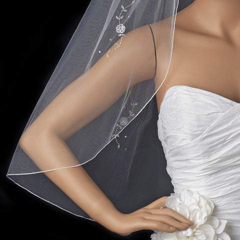 Single Layer Elbow Length Bridal Wedding Veil with Decadent Flower Accents & Beaded Edge 3379