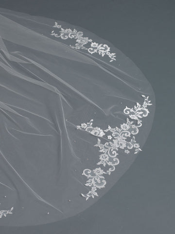Single Layer Bridal Wedding Cathedral Veil Accented w/ Embroidered Lace & Rhinestones Veil 3434 1C