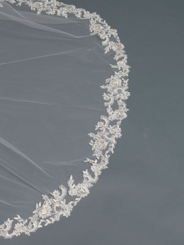 Single Layer Bridal Wedding Cathedral Veil Accented w/ Rum Pink Embroidered Lace & Rhinestones V 3481 1C