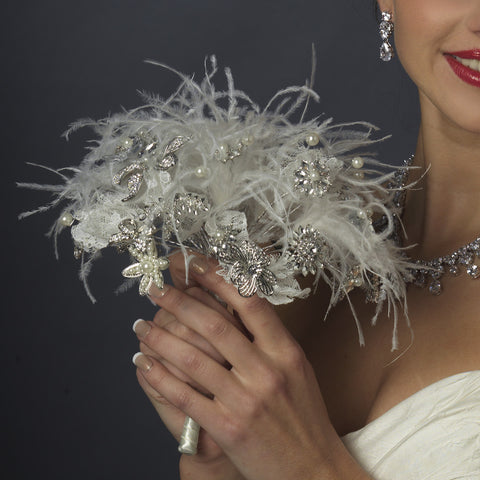 Diamond White Pearl, Rhinestone, Lace Feathered Bridal Wedding Bouquet 400