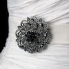 Antique Silver w/ Black Rhinestones Flower Bridal Wedding Brooch 79