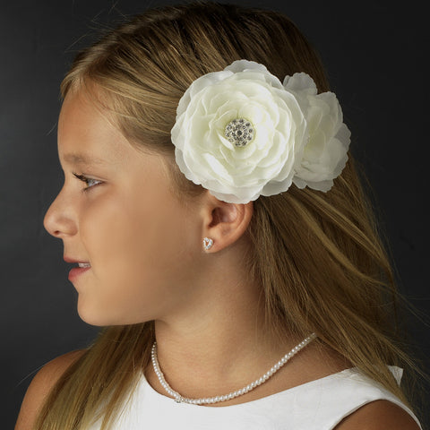 White or Ivory Jeweled Ranunculus Pair Bridal Wedding Hair Clip 438 with Bridal Wedding Brooch Pin