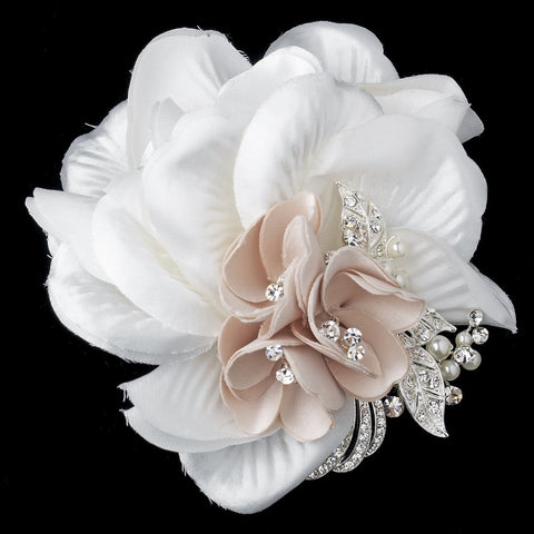Ivory & Rum Satin Fabric Flower with Pearls & Rhinestones