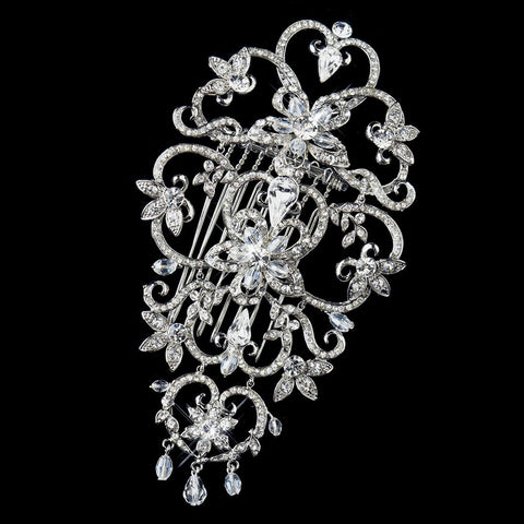 Rhodium Clear Floral Rhinestone Bridal Wedding Hair Comb