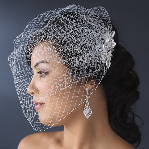 Geometric Rhinestone & Swarovski Crystal Silver Bridal Wedding Hair Comb on White or Ivory Birdcage Bridal Wedding Veiling 8118