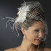 Russian Tulle & Feather Fascinator & Birdcage Bridal Wedding Veil on Bridal Wedding Hair Comb in White or Ivory 8399