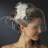 Russian Tulle & Feather Fascinator & Birdcage Bridal Wedding Veil on Bridal Wedding Hair Comb in White or Ivory 8399