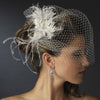 Russian Tulle & Feather Fascinator & Birdcage Bridal Wedding Veil on Bridal Wedding Hair Comb in White or Ivory 8399
