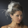 Russian Tulle & Feather Fascinator & Birdcage Bridal Wedding Veil on Bridal Wedding Hair Comb in White or Ivory 8399