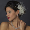 Couture White Feather Spray Bridal Wedding Hair Comb w/ Rhinestones 8401