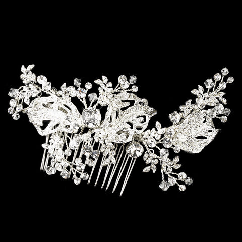 Silver Clear Rhinestone & Swarovski Crystal Bead Floral Vine Bridal Wedding Hair Comb