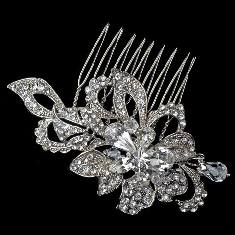 Rhodium Clear Flower Rhinestone & Swarovski Crystal Bead Bridal Wedding Hair Comb