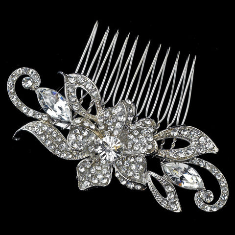 Rhodium Clear Rhinestone Flower Bridal Wedding Hair Comb