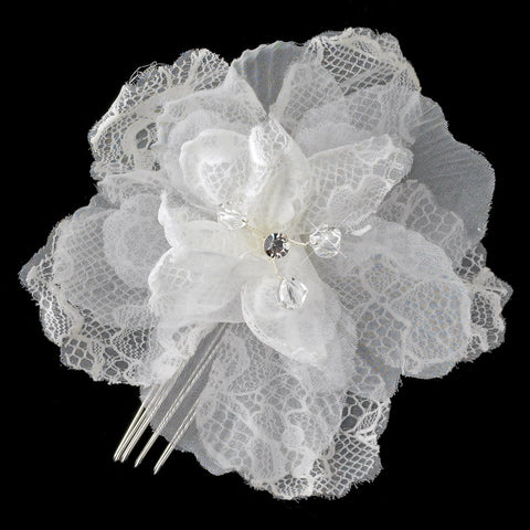 Sheer Organza Lace Ivory Flower Bridal Wedding Hair Comb with Rhinestones & Swarovski Crystal Beads
