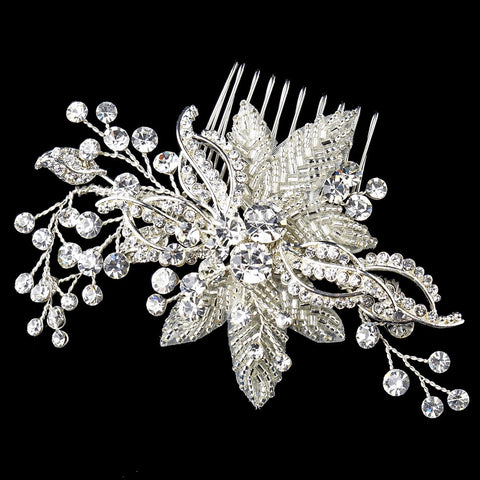 Silver Ivory Beaded Flower Bridal Wedding Hair Comb with Sprigs of Rhinestones